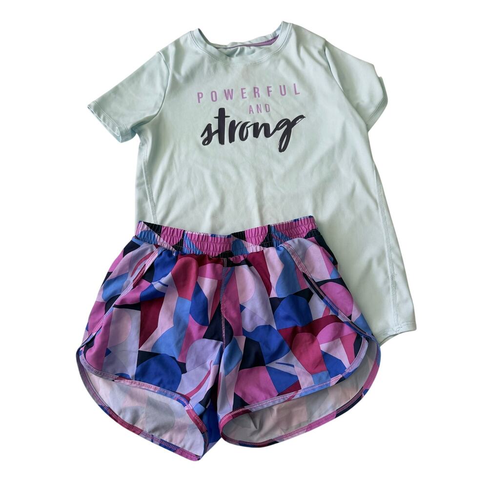 All in Motion Girls Athletic Teal Tee & Purple Shorts Outfit, Size L